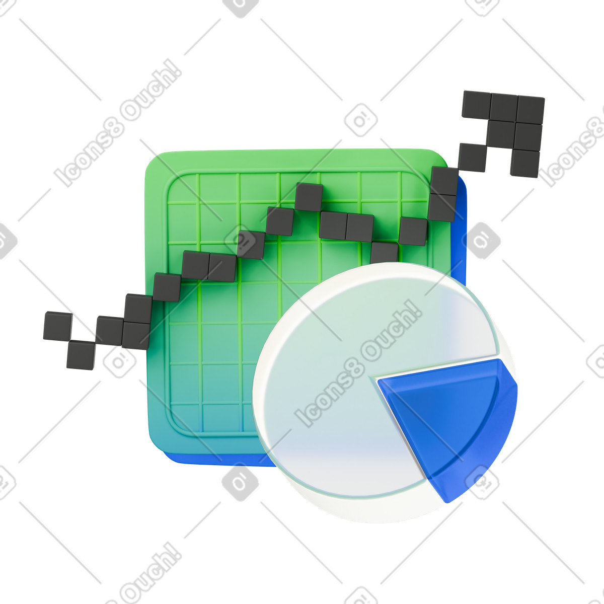 Ilustración animada Analytics dashboard showing growth arrow overlaid with circular pie diagram en estilo 3D Stickle a descargar en GIF, Lottie (JSON), AE