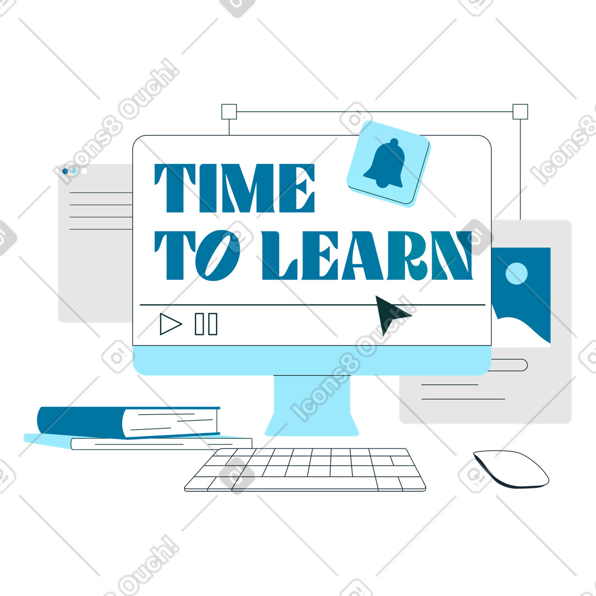 Study workspace with books and computer, Time to learn concept illustration in Indigo style download in PNG, SVG