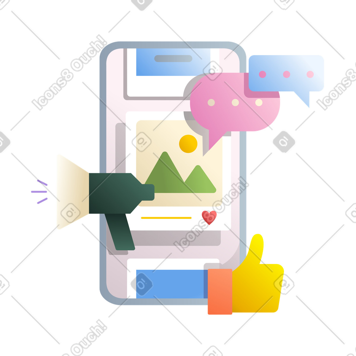 Smartphone with chat bubbles and like icon, Social media engagement illustrazione in stile Silky scarica in PNG, SVG