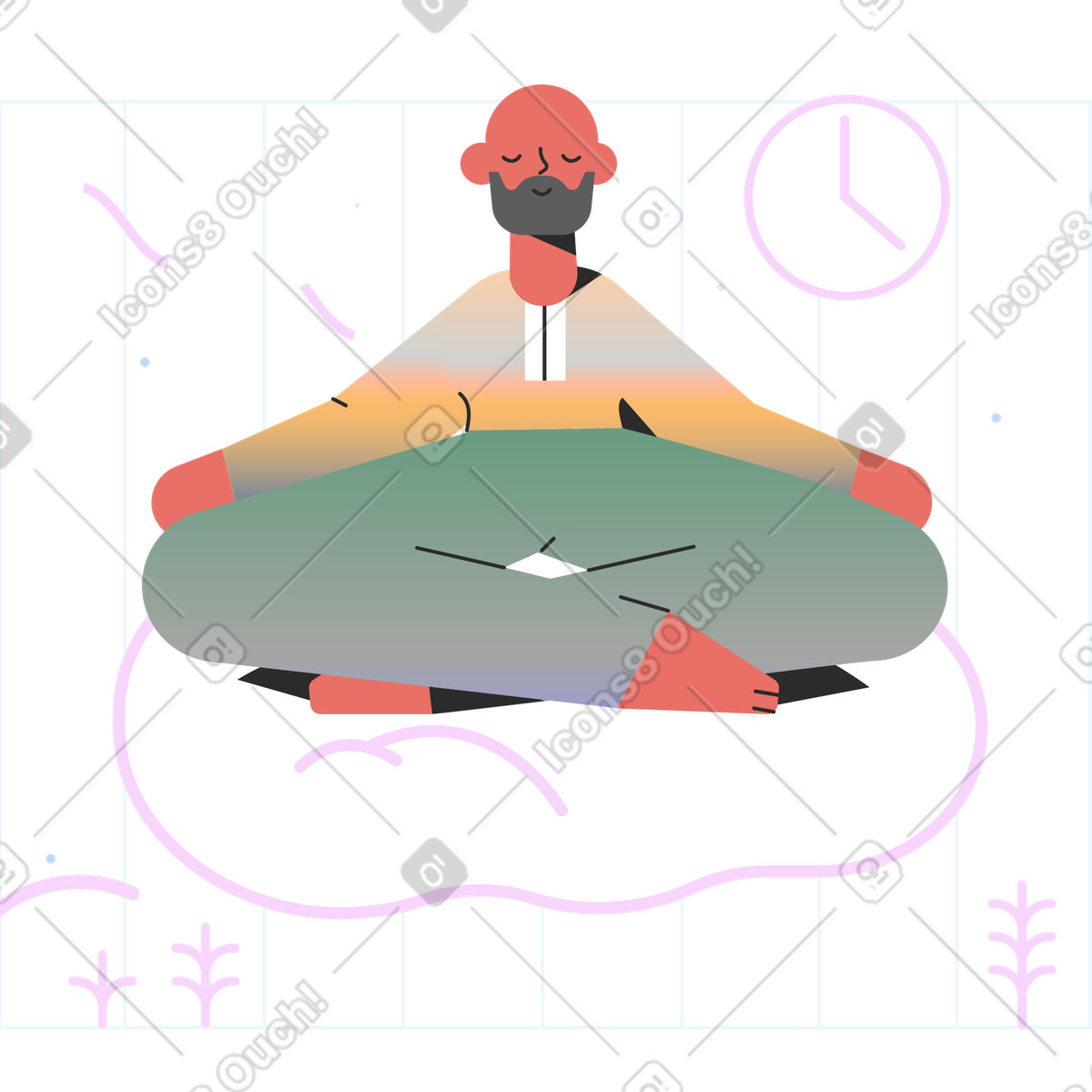 Ilustração de Meditating in lotus pose under clock, Calm before arrival or launch, Coming soon em no estilo Marginalia para baixar em PNG, SVG