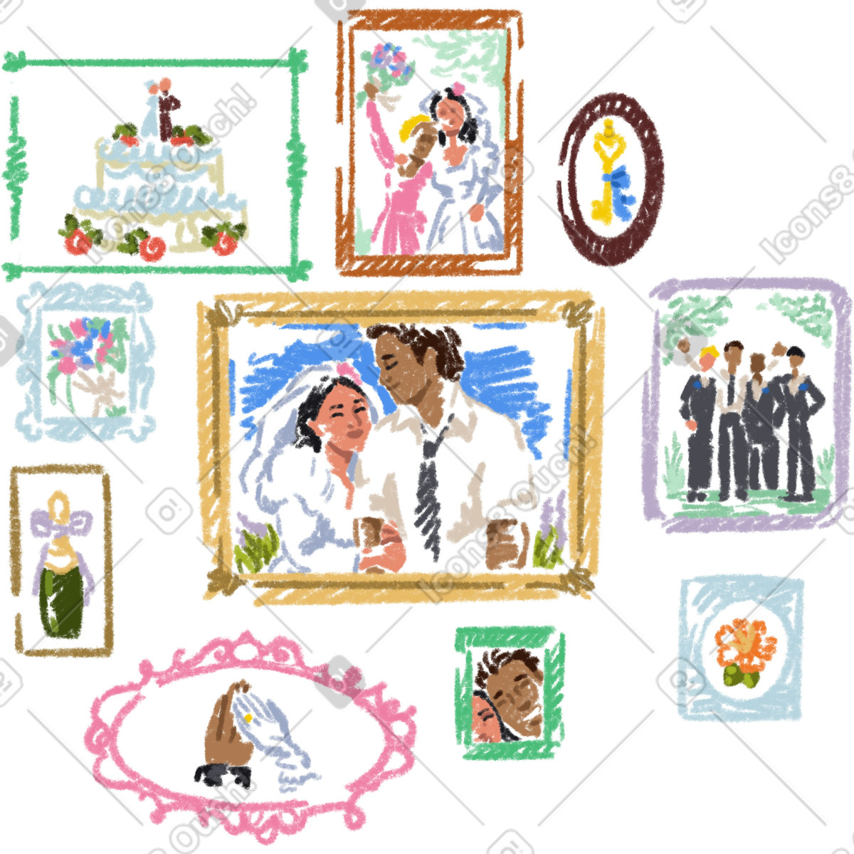 Illustration Frames with wedding photos dans le style Sketchbook à télécharger aux formats PNG, SVG