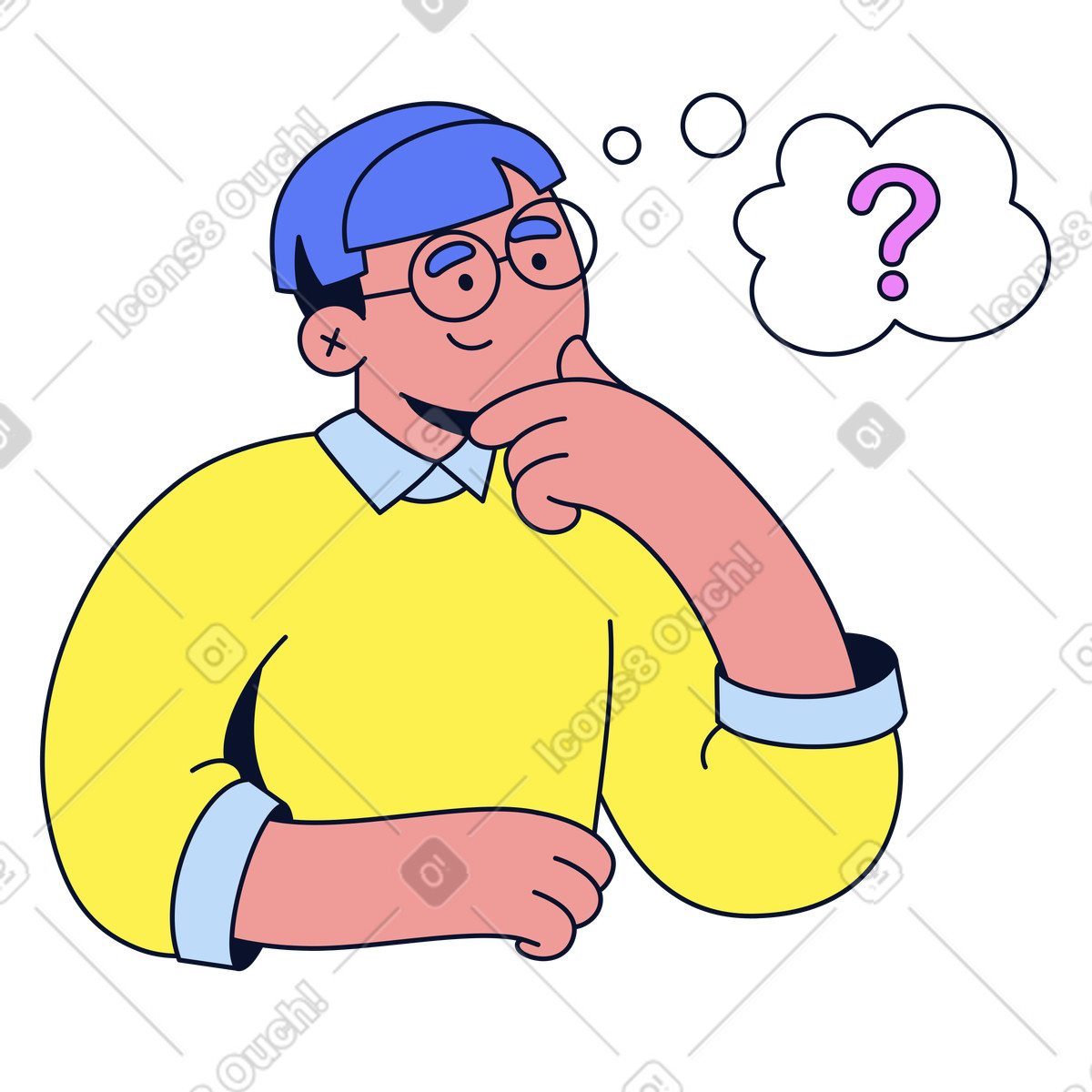 Thinking with hand on chin and question bubble, Decision making process illustrazione in stile Flexy scarica in PNG, SVG