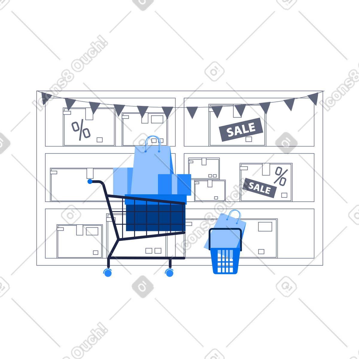 Carrello e merci in vendita sugli scaffali illustrazione stile Urban scarica PNG, SVG