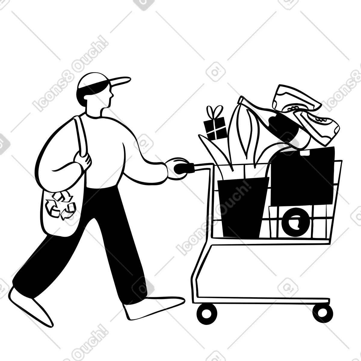 Man with a shopping cart full of various products illustration in Journal style download in PNG, SVG