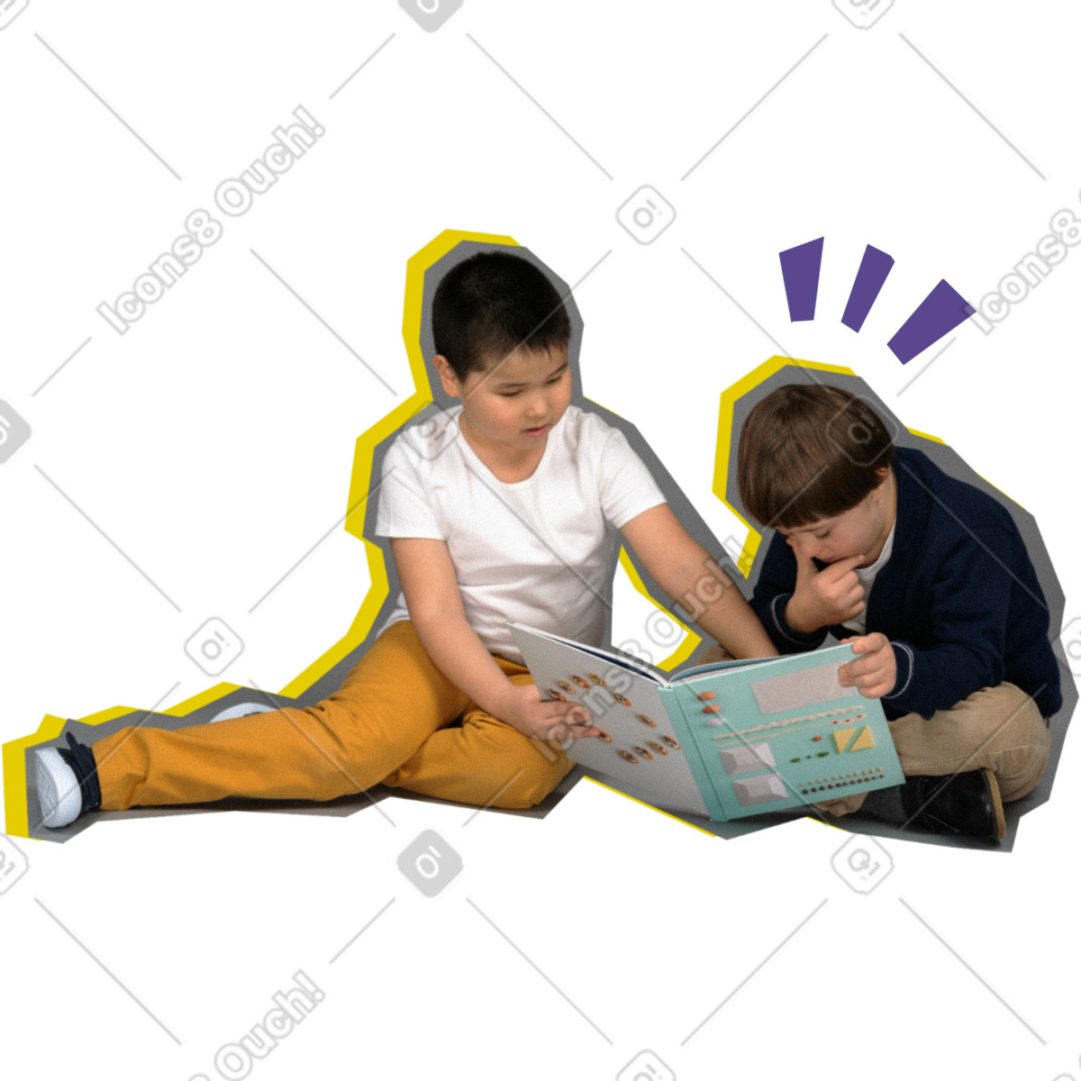 Kids reading a book illustration in Paper Cut style download in PNG, SVG