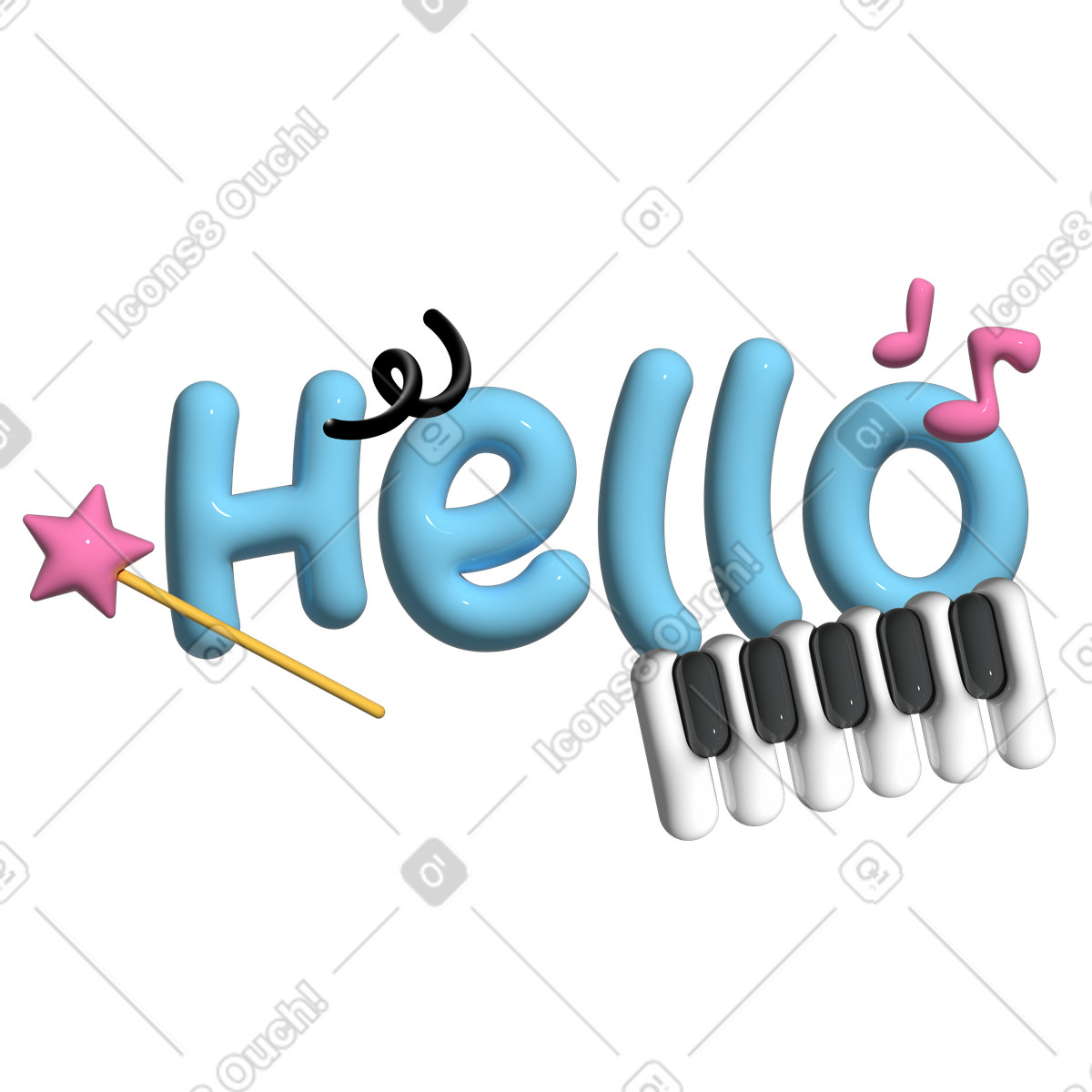 3D text Hello lettering with magic wand and piano keys illustration in Cartoony style download in PNG, SVG