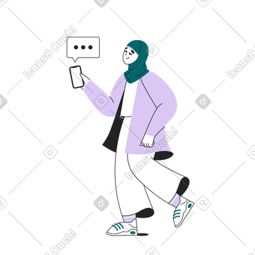 걷고 전화로 문자 메시지를 보내는 무슬림 여성 PNG, SVG