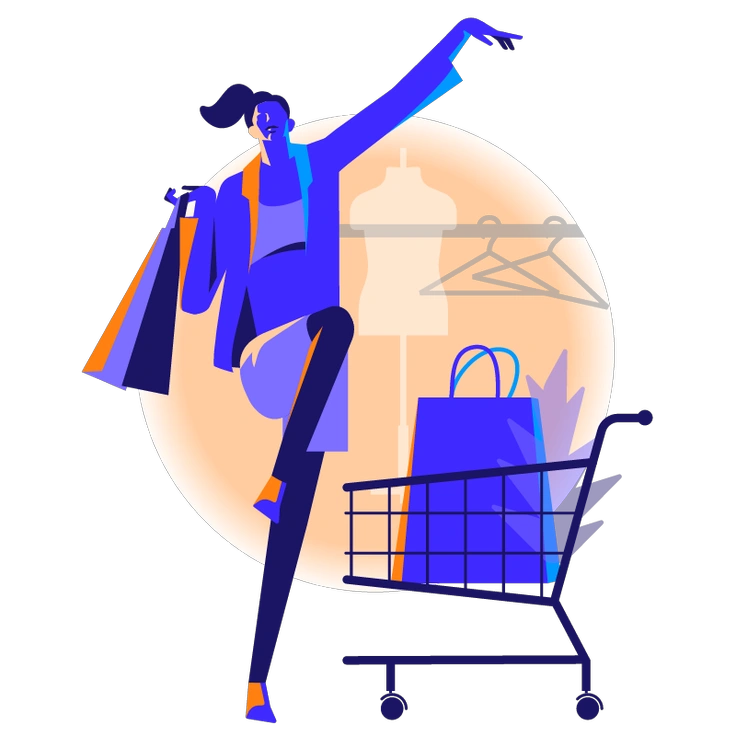 A fashionable woman shopping with bags and cart - Worky style illustration