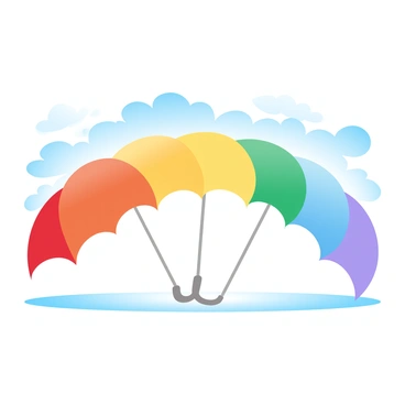 A series of open umbrellas in various colors is arranged in an arc, creating a vibrant rainbow effect. Each umbrella features a unique color, including red, orange, yellow, green, blue, and purple. The scene is set on a sunny day, with bright sunlight illuminating the umbrellas and casting soft shadows on the ground. The background shows a clear blue sky with a few fluffy white clouds scattered throughout. The overall composition highlights the cheerful and colorful display of the umbrellas.