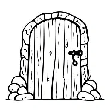 A rustic wooden door with a large, iron hinge and visible grain patterns