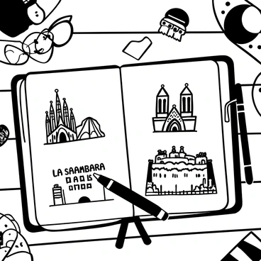 An open travel diary resting on a wooden table. The pages are filled with detailed sketches of "La Sagrada Familia," "Alhambra," and "Park Güell." Each landmark is intricately drawn, showcasing architectural features and unique patterns. A fountain pen lies next to the diary, and a pair of reading glasses sits nearby. There are scattered travel-themed stickers around the diary, adding to the atmosphere of exploration.