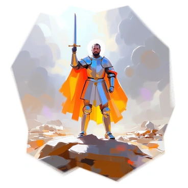 A saint wearing shining armor stands valiantly in the center of a battlefield. The armor glistens under the sunlight, reflecting the intense light around him. He holds a sword in one hand, raised high, symbolizing strength and bravery. The background features a rugged landscape dotted with scattered debris and remnants of past conflicts. Dark clouds gather overhead, casting dramatic shadows across the scene. The saint's expression is determined, reflecting a sense of purpose as he faces the chaos surrounding him. Specks of sunlight pierce through the clouds, illuminating the saint and hinting at hope amidst the turmoil.