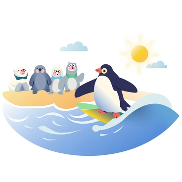 A penguin with black and white feathers is riding a vibrant blue wave on a surfboard. Its wings are extended for balance, and it appears focused and determined. In the background, a group of various animals, including a curious polar bear, a wide-eyed seal, and a playful dolphin, are gathered on the beach. They are watching the penguin with expressions of surprise and excitement, seemingly assuming that all penguins are capable of surfing. The beach has golden sand, and the sun is shining brightly in a clear sky.