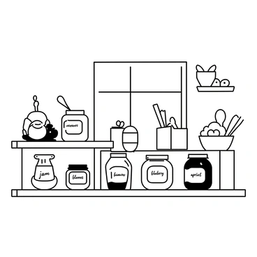 A vibrant display of various jam jars in a rustic kitchen, each labeled with fruity flavors.
