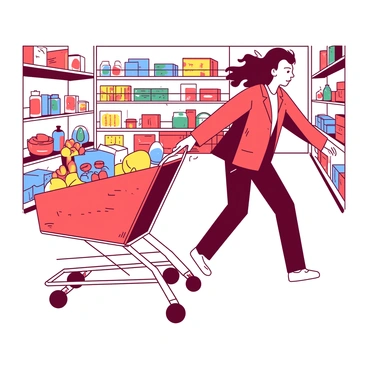 A person wearing a red jacket is pushing a shopping cart quickly down a sloped aisle. The shopping cart is filled with various colorful items, including groceries and household products. The person's hair is blowing slightly in the wind created by their speed. The aisle is lined with shelves stocked with products in vibrant packaging. The floor is shiny and reflects the bright lights overhead.