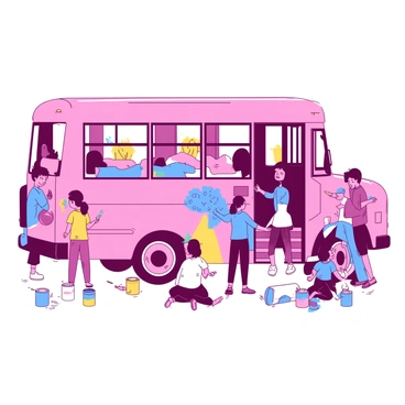 A pink parked bus is surrounded by children and adults engaged in painting colorful murals on its sides. Several children are holding paintbrushes, diligently applying bright blue and yellow paint to create vibrant designs of flowers and animals. Adults are assisting, some kneeling beside the bus, while others are standing, adding details to the artwork. Paint cans in various colors are scattered on the ground, and a few children are laughing and exchanging smiles as they collaborate on their artistic project. The scene is lively and filled with creativity, showcasing a sense of community involvement.