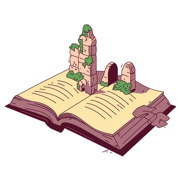 An open book with weathered pages lies on a wooden table. The pages are visibly worn and yellowed with age, and intricate illustrations of ancient ruins rise up from them. These ruins feature crumbling stone structures adorned with vines and moss, evoking a sense of lost history. The book is positioned at an angle that allows the viewer to see both the text and the emerging ruins clearly. Soft shadows cast by the book create a dramatic effect on the surface below.