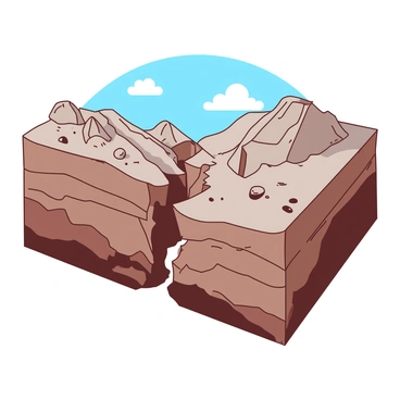 A geological view of a fault line is depicted at the convergence of two tectonic plates. The ground is cracked and uneven, with sharp fissures revealing layers of earth in shades of brown and gray. Above the fault line, there are steep rocky cliffs, with one side exhibiting a noticeable uplift due to the collision. Small boulders and debris litter the area, showcasing the chaotic nature of the geological forces at play. In the background, a blue sky contrasts with the rugged terrain, enhancing the dramatic effect of the tectonic activity.