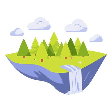 A floating island with a lush green forest covering its surface. The trees are various shades of green, with some having vibrant flowers. A cascading waterfall flows from the edge of the island, creating a mist that stretches upwards into the sky. The water glimmers in the sunlight as it spills over, creating a sparkling effect. Above the island, fluffy white clouds are scattered across a bright blue sky. The scene is serene and enchanting, showcasing the beauty of nature in a fantastical setting.
