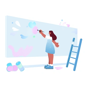 A girl is standing in front of a large, blank wall. She has long hair and is wearing a paint-splattered apron over her clothes. She is holding a paintbrush in one hand and is applying vibrant colors to the wall. The mural features a variety of shapes and patterns, showcasing her unique style. Paint cans in various colors are scattered around her, and splashes of paint are visible on the ground, adding to the creative atmosphere. A ladder is positioned against the wall, indicating she has been working on reaching higher sections of the mural.