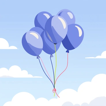 A cluster of blue balloons with glossy surfaces is drifting up into a bright, clear sky. The balloons are tied with colorful strings that flow gently with the breeze. The sky is a vivid blue, with a few fluffy white clouds scattered throughout. Sunlight is shining, creating a cheerful atmosphere as the balloons ascend higher into the air.