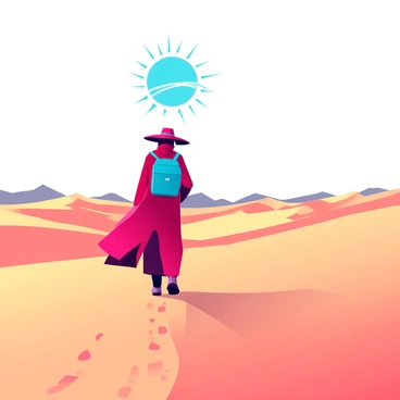 A lone figure wearing a wide-brimmed hat and a long, flowing robe is trekking across vast desert sands. The sands are golden and ripple like waves in the heat. The sky is clear, with a blazing sun high overhead, casting sharp shadows on the ground. The figure is carrying a backpack and is leaving footprints behind them in the fine sand. In the distance, small dunes rise and fall, creating an endless landscape of desert terrain.