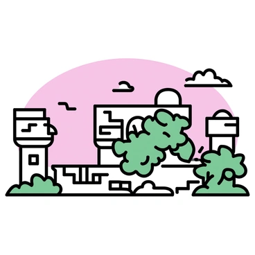 A set of ancient ruins composed of stone structures with intricate carvings, partially obscured by thick, green vines. The stonework shows signs of weathering and history, with some structures appearing crumbled and others still partially intact. The sky above is a soft gradient of pink, indicating twilight, with a few wispy clouds scattered throughout. The scene conveys a sense of timelessness and nature reclaiming the remnants of civilization.