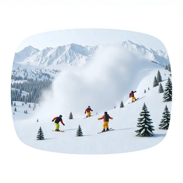 A massive avalanche cascading down a steep, snow-covered mountain slope, sending up clouds of white powder as it moves. In the foreground, several skiers with brightly colored ski gear are maneuvering frantically to escape the path of the avalanche. One skier is leaning forward, carving sharply to the left, while another is looking back with wide eyes. The surrounding landscape features rugged mountain peaks and scattered pine trees partially buried in snow. The sky above is overcast, adding a sense of urgency to the scene.