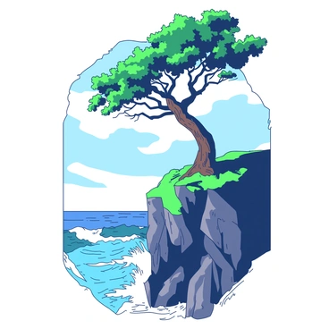 A sturdy tree with a gnarled trunk and vibrant green leaves stands resolutely at the edge of a rocky cliff. The cliff is steep and rugged, with jagged stones protruding. The tree's branches are windblown, leaning slightly to one side, showcasing its resilience against the fierce winds. Below, the ocean waves crash against the base of the cliff, creating a frothy white spray. The sky is filled with dramatic clouds, and the sunlight breaks through, casting dappled light on the tree.