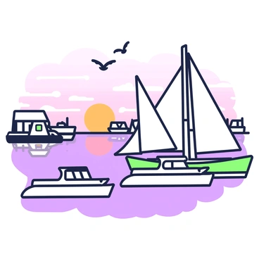 A harbor scene features boats gently bobbing in the water. The sky is filled with hues of orange and purple as the sun sets on the horizon. In the foreground, several sailboats with white sails are anchored peacefully. The water reflects the colors of the sky, creating a serene atmosphere. Along the harbor, there are wooden docks leading to small fishing boats. Seagulls are seen flying above, adding life to the tranquil scene.