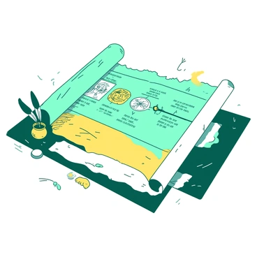 An opened scroll is laid out on a wooden table, displaying a timeline of key historical events in a duotone illustration of teal and yellow. Each event is represented by a small, detailed drawing, accompanied by dates and brief descriptions in elegant script. The scroll has ornate edges and is slightly weathered, suggesting age and significance. Around the scroll, there are a few antique quills and a small inkpot, enhancing the historical ambiance of the scene. The background is softly blurred to keep the focus on the scroll and its intricate details.