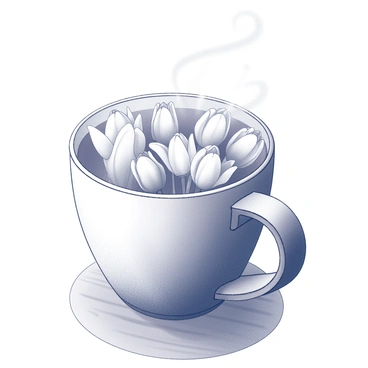 A latte with a frothy top featuring a detailed illustration of "a bouquet of tulips." The tulips are arranged with their distinct shapes and leaves visible, showcasing various sizes and orientations. The steam rises gently from the cup, creating a soft atmosphere around the latte. The cup is placed on a wooden table surface, enhancing the warm feel of the scene.