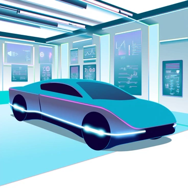 A futuristic express car parked in a high-tech garage with glowing tools and equipment