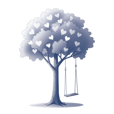 A tall tree with a sturdy trunk and a wide canopy. The tree is adorned with multiple heart-shaped leaves that create an intricate pattern as they flutter in the breeze. A swing is hanging from a thick branch, with the ropes gently swaying. The swing has a simple wooden seat, inviting someone to sit and enjoy the surroundings. The ground is covered with grass, and the scene conveys a sense of tranquility and leisure.