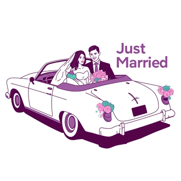 A white vintage car is parked on a sunny day with "Just Married" written on the rear window. Inside the car, a bride in a flowing white gown and a groom in a classic black suit are sitting happily. The bride has a bouquet of colorful flowers resting on her lap, while the groom has his arm around her shoulder. The car is decorated with pink and teal flowers, which are wrapped around the side mirrors and the front grille. The scene captures the joy and romance of their special day.