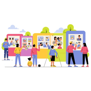 An outdoor art fair scene featuring several colorful booths displaying a variety of illustrations. Each booth is adorned with vibrant banners showcasing the names of the artists. Artists are engaged in conversations with visitors, sharing their creative processes and techniques. Some visitors are admiring the artwork, while others are taking photographs. The background shows a clear blue sky and a few leafy trees, adding life to the setting. A couple of children are seen intently watching an artist at work, captivated by the creative atmosphere of the fair.