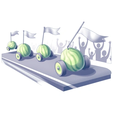 A lively race featuring small melons with tiny wheels and racing flags.