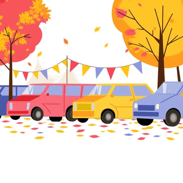 A row of cars parked at an autumn fair setting. The cars are various bright colors, including red, yellow, and blue, reflecting the vibrant atmosphere. Around the cars, colorful leaves in shades of orange, red, and yellow are falling gently from the trees. The ground is covered with a carpet of these leaves, creating a picturesque scene. Banners and stalls from the fair are visible in the background, adding to the festive mood.