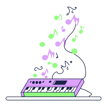 A computer keyboard is positioned on a flat surface, with keys that are clearly defined. From the keyboard, multiple music notes are flowing upward, creating a dynamic visual effect. The notes appear in various sizes and shapes, and they seem to dance and swirl in the air above the keyboard. The background is unobtrusive to keep the focus on the keyboard and the flowing music notes.