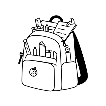 A school backpack is shown, positioned upright, filled to the brim with various items. The backpack has multiple pockets, with some notebooks partially visible, featuring lined pages and colorful covers. Pencils of different lengths and designs are scattered throughout, along with a few erasers and a ruler peeking out from the top. The backpack is adorned with patches and keychains that add personality and character. The scene conveys a sense of preparation for the school year ahead.