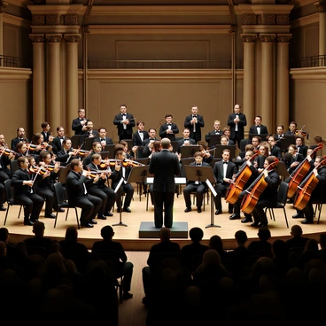 An orchestra composed of musicians playing various instruments, including violins, cellos, flutes, and trumpets. The musicians are dressed in formal black attire, with some wearing bow ties. They are positioned on a large stage in a grand concert hall featuring high ceilings and ornate decorations. The audience can be seen in the foreground, seated and attentive, while dramatic lighting illuminates the musicians and enhances the vibrant colors of the instruments. The conductor stands in front, directing the orchestra with visible enthusiasm, and a large music score is placed on the conductor's stand.