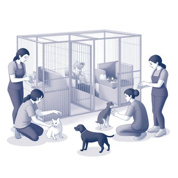 A group of volunteers is gathered at an animal rescue shelter. One volunteer is gently petting a dog, with a look of care on their face. Another volunteer is crouched down, offering food to a cat, showing patience and kindness. A third volunteer is cleaning the area, ensuring the space is safe and welcoming for the animals. Each volunteer displays a sense of dedication and warmth in their actions, creating a nurturing environment for the animals in need. The shelter is equipped with various cages and resting areas, filled with animals of different breeds waiting for adoption.