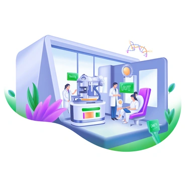 A modern pastel illustration of a futuristic healthcare facility designed for genetic engineering. The building features sleek, angular architecture with large windows reflecting a bright atmosphere. Inside, advanced medical equipment is visible, including a high-tech diagnostic machine with glowing screens and robotic arms. Several healthcare professionals in white lab coats are engaged in discussions, while patients in comfortable examination rooms are being treated. The walls are adorned with digital panels displaying genetic data and health information. Various plants are placed throughout the facility, adding a touch of greenery to the environment.