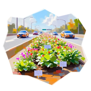 An urban garden is flourishing beside a busy highway, showcasing a vibrant array of plants and flowers. The garden is filled with colorful blossoms, green leafy vegetables, and herbs, creating a stark contrast to the concrete surroundings. In the background, several cars are moving along the highway, with visible trails of exhaust emitting from their tailpipes. The rich greens of the garden stand out against the gray asphalt and metal of the vehicles, emphasizing the resilience of nature in an urban environment. Small signs indicating the names of the plants and community efforts are placed throughout the garden, adding a personal touch to the landscape.
