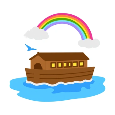 A vibrant rainbow arching gracefully across the sky. Below, Noah's Ark is resting on calm waters, reflecting the colors of the rainbow. The ark is a large wooden vessel with a brown exterior and multiple levels, featuring windows and a rounded roof. The water surrounding the ark is smooth and shimmering, capturing the light from the rainbow above. Soft clouds are scattered in the sky, and a few birds can be seen flying in the distance.