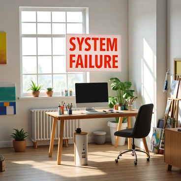 A large, ominous error message that reads "SYSTEM FAILURE" in bold red font is hovering in the air above a sleek, modern computer. The computer is situated on a wooden desk, surrounded by various art supplies, including paintbrushes, canvases, and tubes of paint. The studio is illuminated by soft natural light streaming through large windows, creating a peaceful atmosphere in contrast to the unsettling message. The walls are adorned with colorful artwork, and there is a small potted plant on the desk, adding a touch of greenery to the scene.