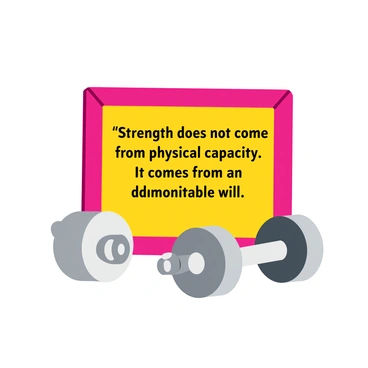 A framed inspirational quote that reads "Strength does not come from physical capacity. It comes from an indomitable will." The quote is displayed in an elegant font. Surrounding the quote is a pair of shiny silver dumbbells, positioned on either side, with a textured rubber grip. The background is a subtle gradient, enhancing the focus on the quote and the dumbbells.