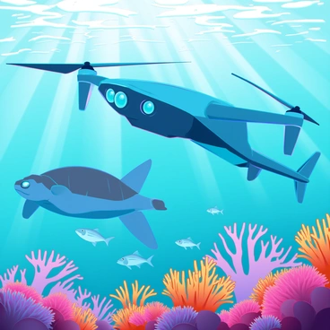 A sleek navy drone with a streamlined body and rotating propellers is hovering just above a vibrant coral reef. The drone features a sharp, metallic blue finish and intricate sensors visible on its surface. Below, the coral reef is alive with color, showcasing bright orange, purple, and yellow corals. Various marine life forms, including schools of small fish in shades of silver and gold, swim gracefully around the corals. A large sea turtle glides through the water, while colorful sea anemones sway gently in the current, creating a dynamic underwater scene. Sunlight filters through the water's surface, illuminating the reef below.