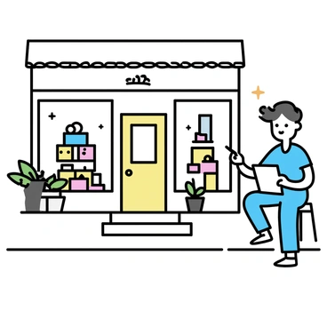 An artist is sitting on a small stool outside a corner store, holding a pencil and sketching the shop's exterior. The store features a quaint wooden door and large windows displaying colorful items for sale. Potted plants are placed near the entrance, adding a touch of greenery. The artist is wearing a blue shirt and jeans, focused intently on the details of the store. He has a sketchbook resting on his lap, and a few art supplies scattered around him.