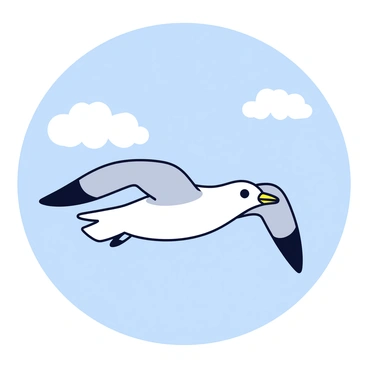 A seagull gliding effortlessly on the wind with its wings spread wide. The body of the seagull is mostly white with a few gray feathers on the wings. Below the wings, the eyes are bright and focused ahead. The background is a clear blue sky with a few soft, white clouds drifting by.